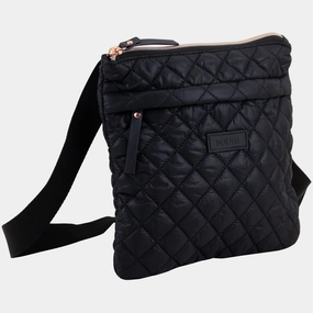 Lightweight Design Sleek Functionality BODHI Quilted Crossbody Bag, Black Nylon with Rose Gold Zipper, Adjustable Strap