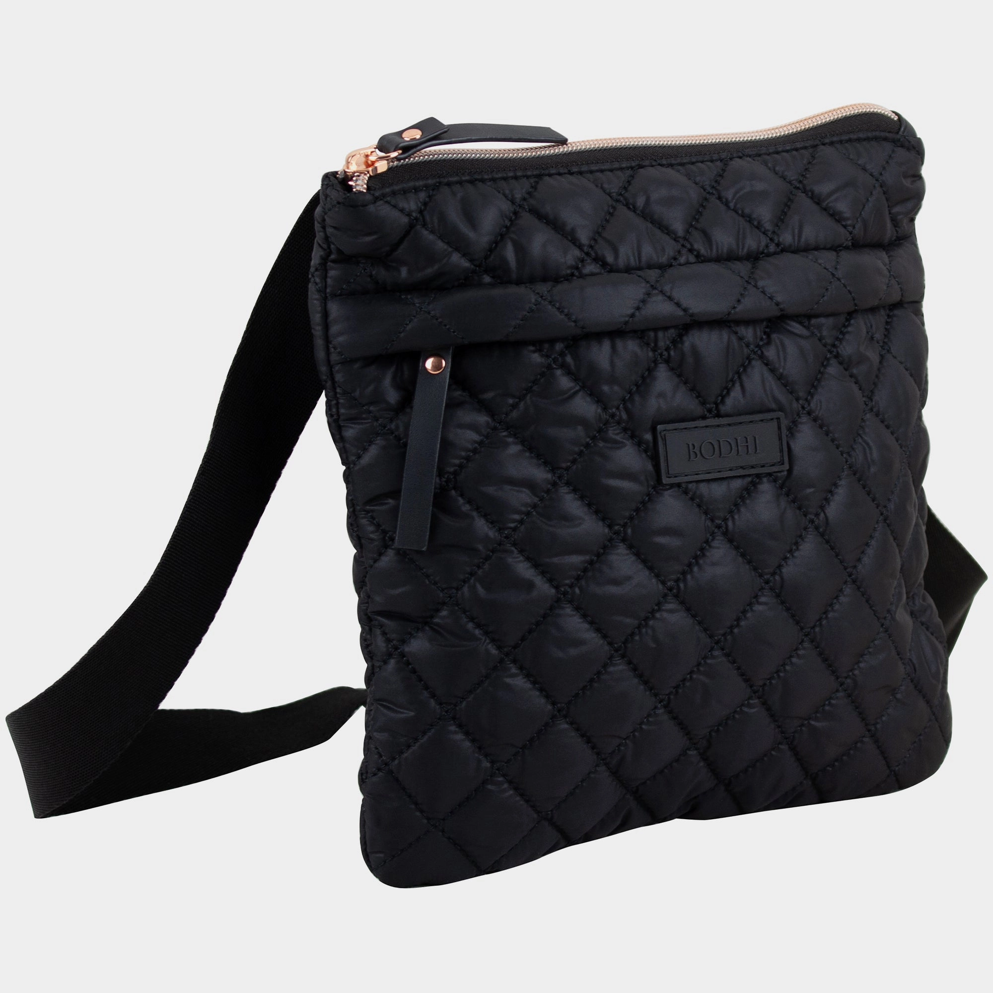 Lightweight Design Sleek Functionality BODHI Quilted Crossbody Bag, Black Nylon with Rose Gold Zipper, Adjustable Strap