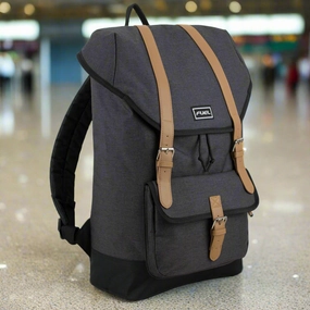 Fuel Top Flap Over Backpack With Coco Leather-Like Trim and Magnetic Snap Closure in Black Chambray Simple Travel