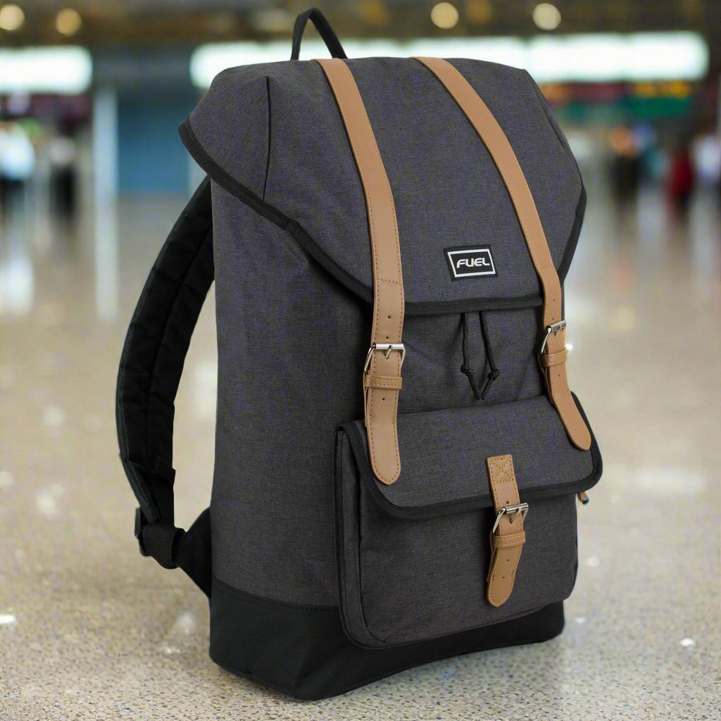 Fuel Top Flap Over Backpack With Coco Leather-Like Trim and Magnetic Snap Closure in Black Chambray Simple Travel