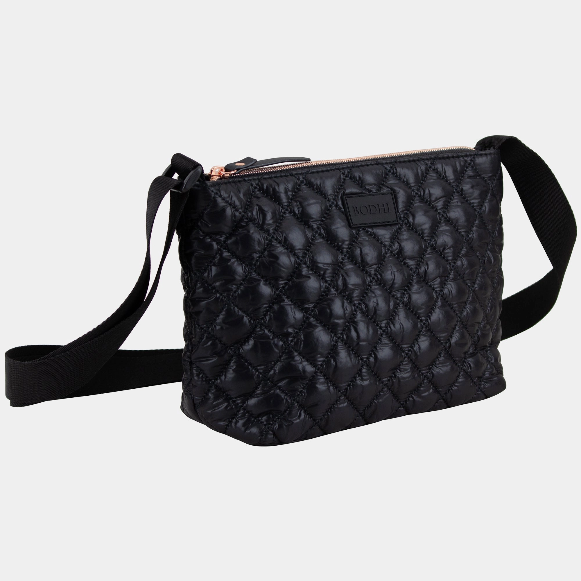 BODHI Quilted Crossbody Bag with Matching Pouch, Black, Rose Gold Zippers Contemporary Look