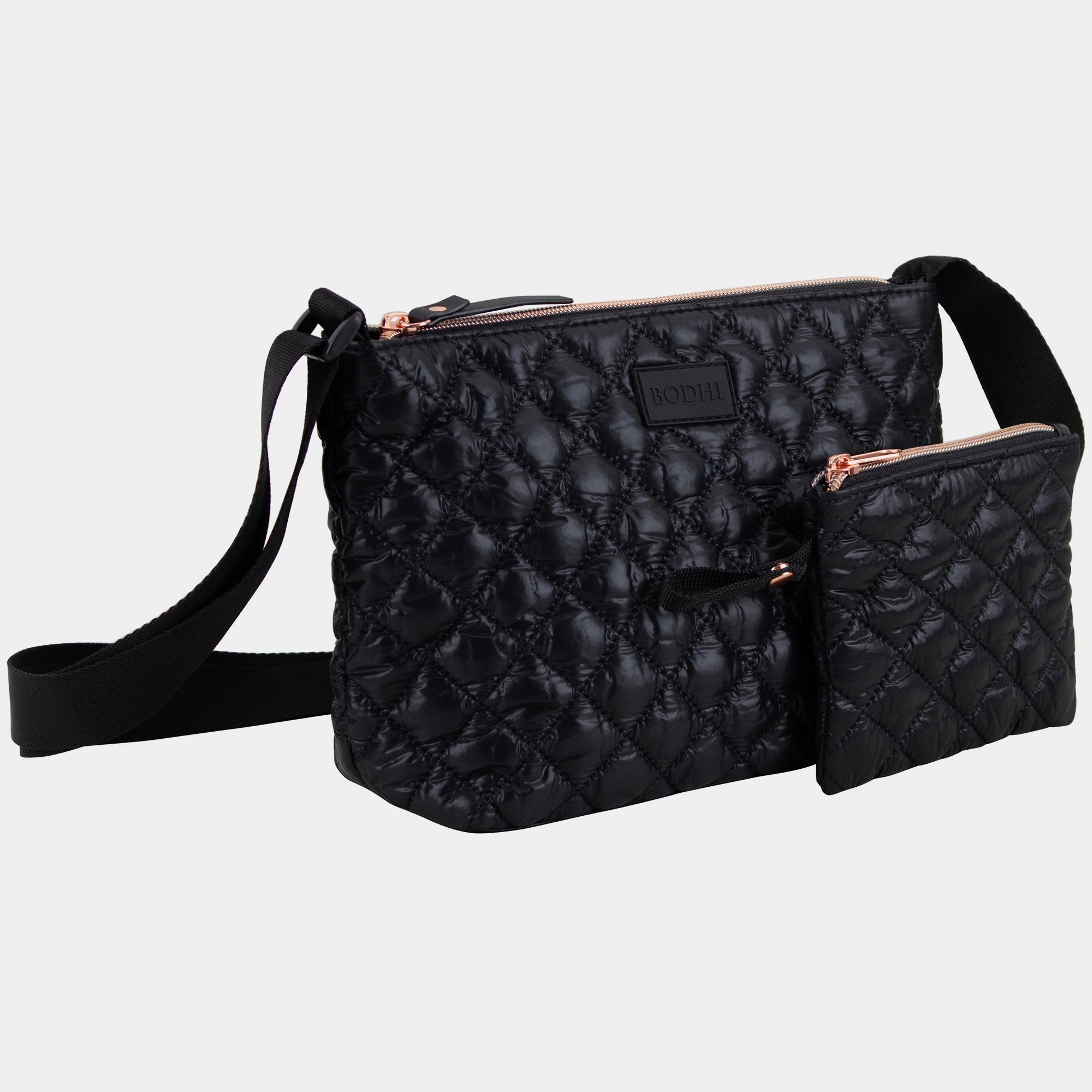 BODHI Quilted Crossbody Bag with Matching Pouch, Black, Rose Gold Zippers Minimalist Comfort
