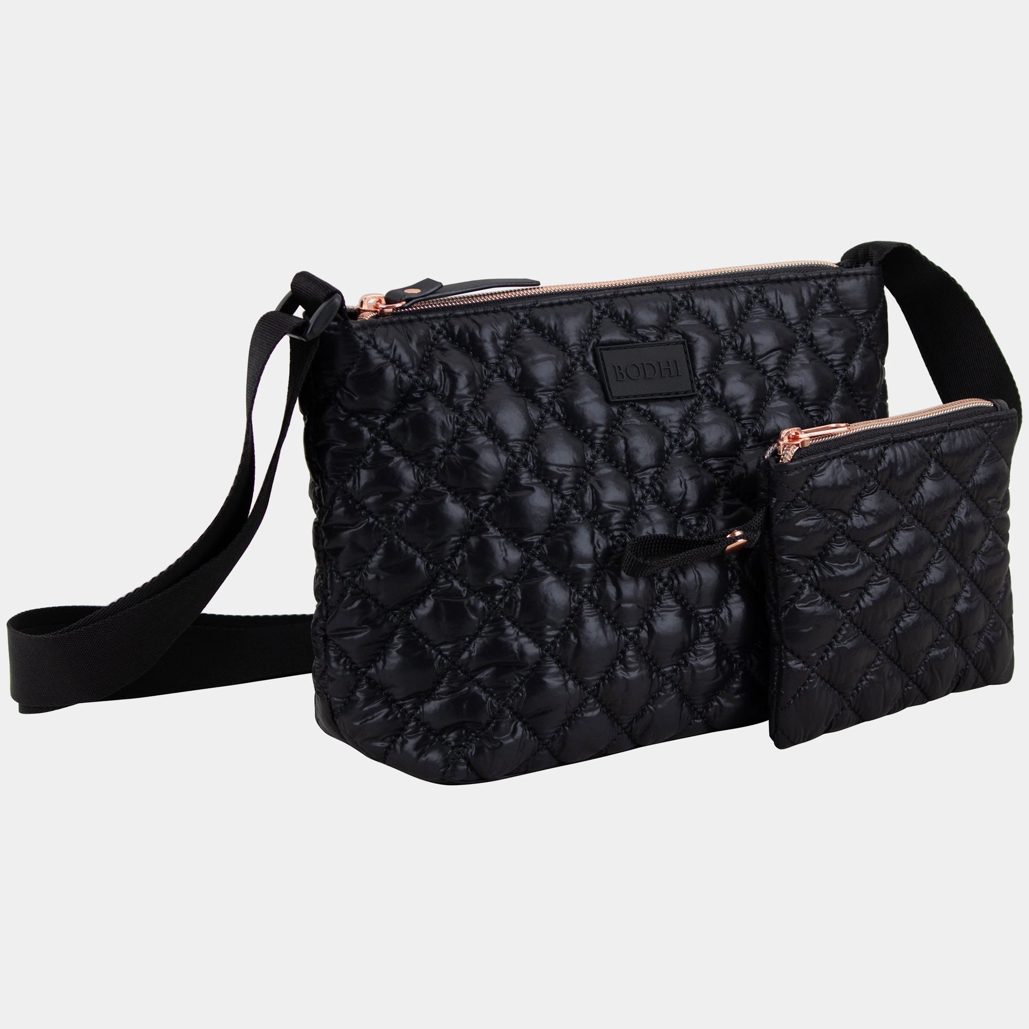 BODHI Quilted Crossbody Bag with Matching Pouch, Black, Rose Gold Zippers Functional Strength Urban Experience